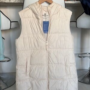 New Long Cream Puffer Vest with Hood